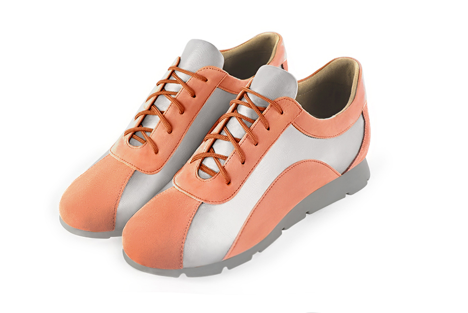 Peach orange and light silver three tone elegant sneakers. Round toe. Flat rubber soles